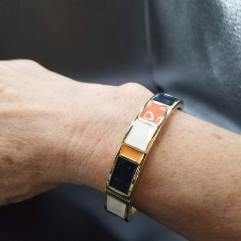 Navy Orange and White Enamel on Gold Tone Setting Clamper Hinged Bracelet